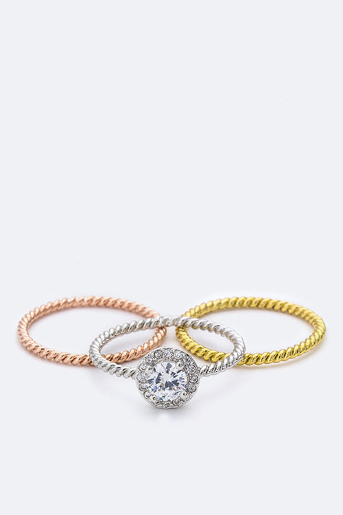 Conjunto de 3 Anéis com Zircônia Redonda