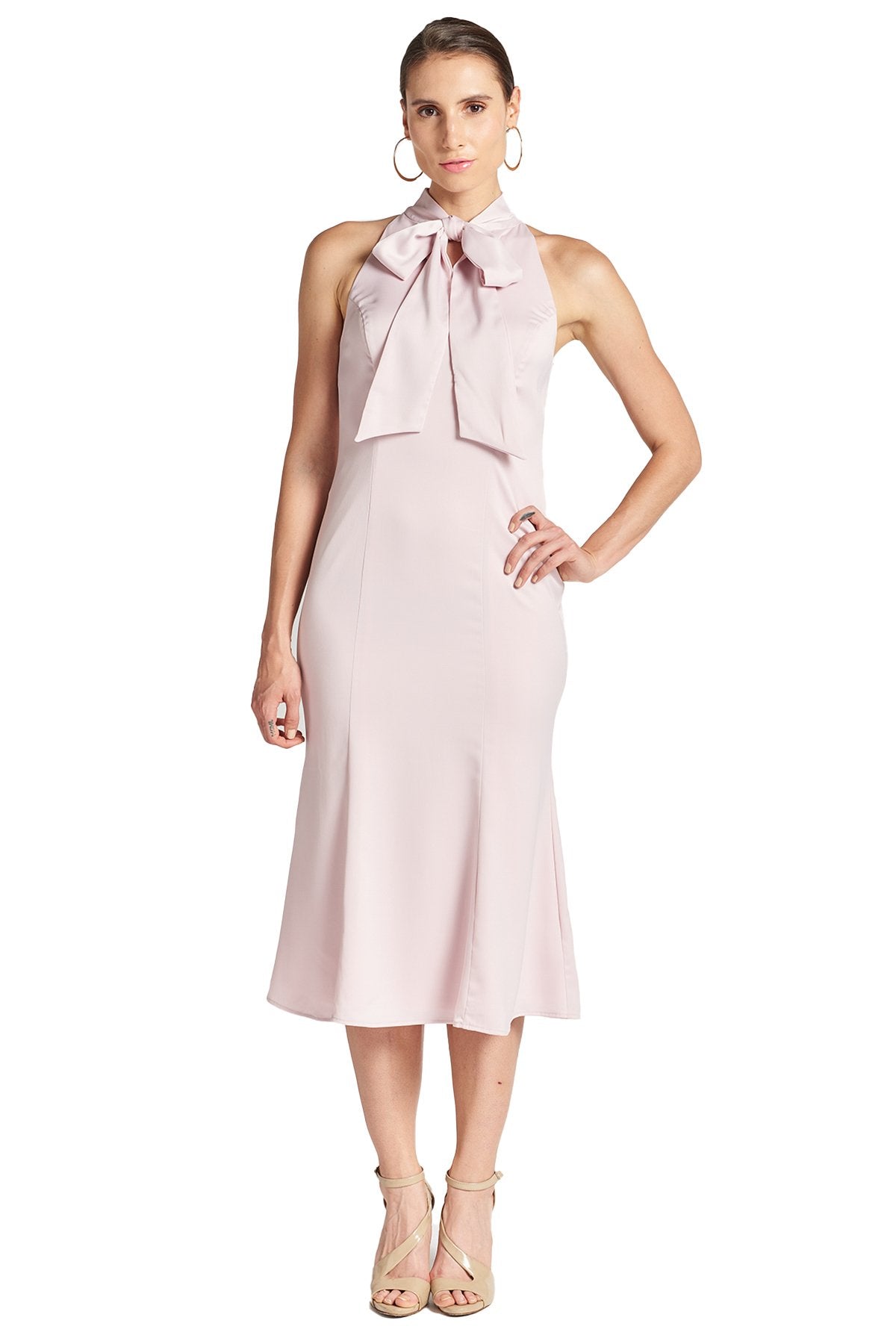 Eloise Dress – Midi sereia em cetim stretch com laço no pescoço