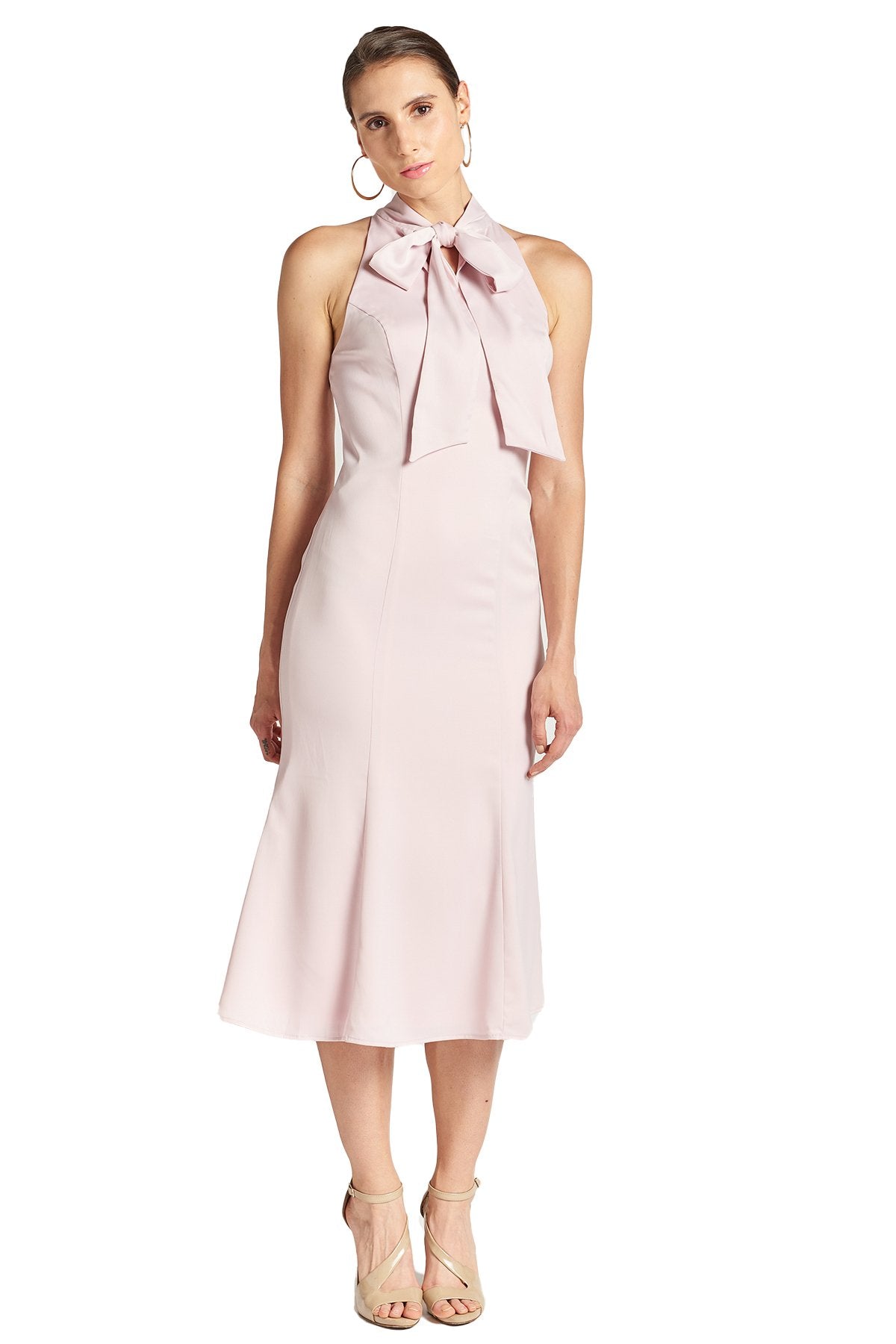 Eloise Dress – Midi sereia em cetim stretch com laço no pescoço