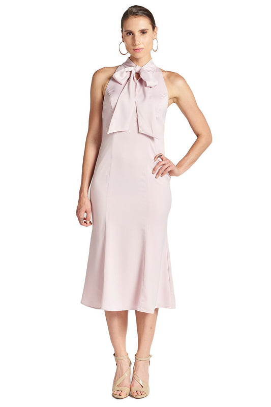 Eloise Dress – Midi sereia em cetim stretch com laço no pescoço